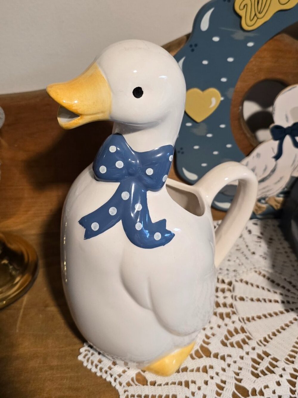 Vintage 1980s Ceramic Goose Pitcher Blue Polka Dot Bow Tie